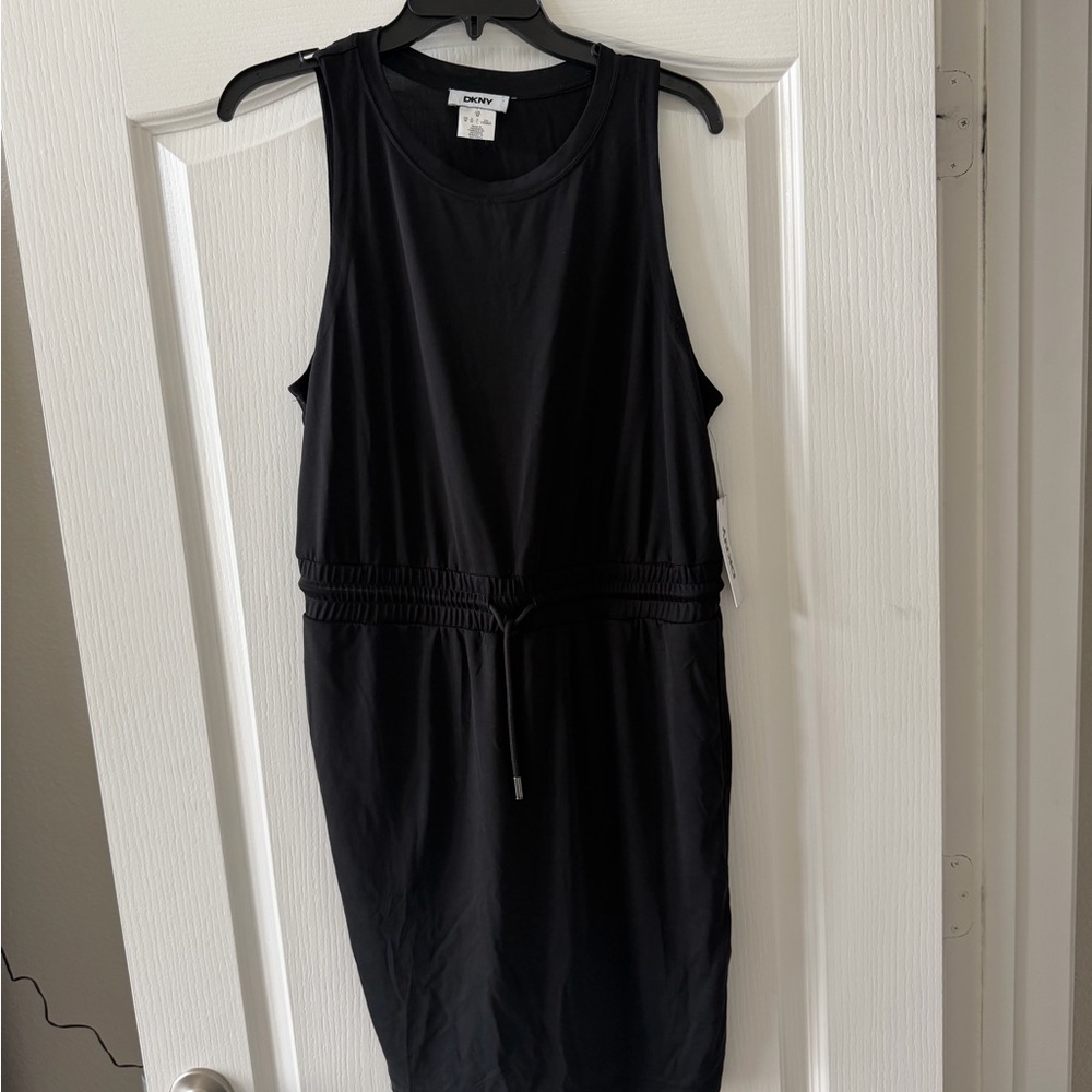 DKNY Black Sleeveless Midi Dress with Drawstring Waist